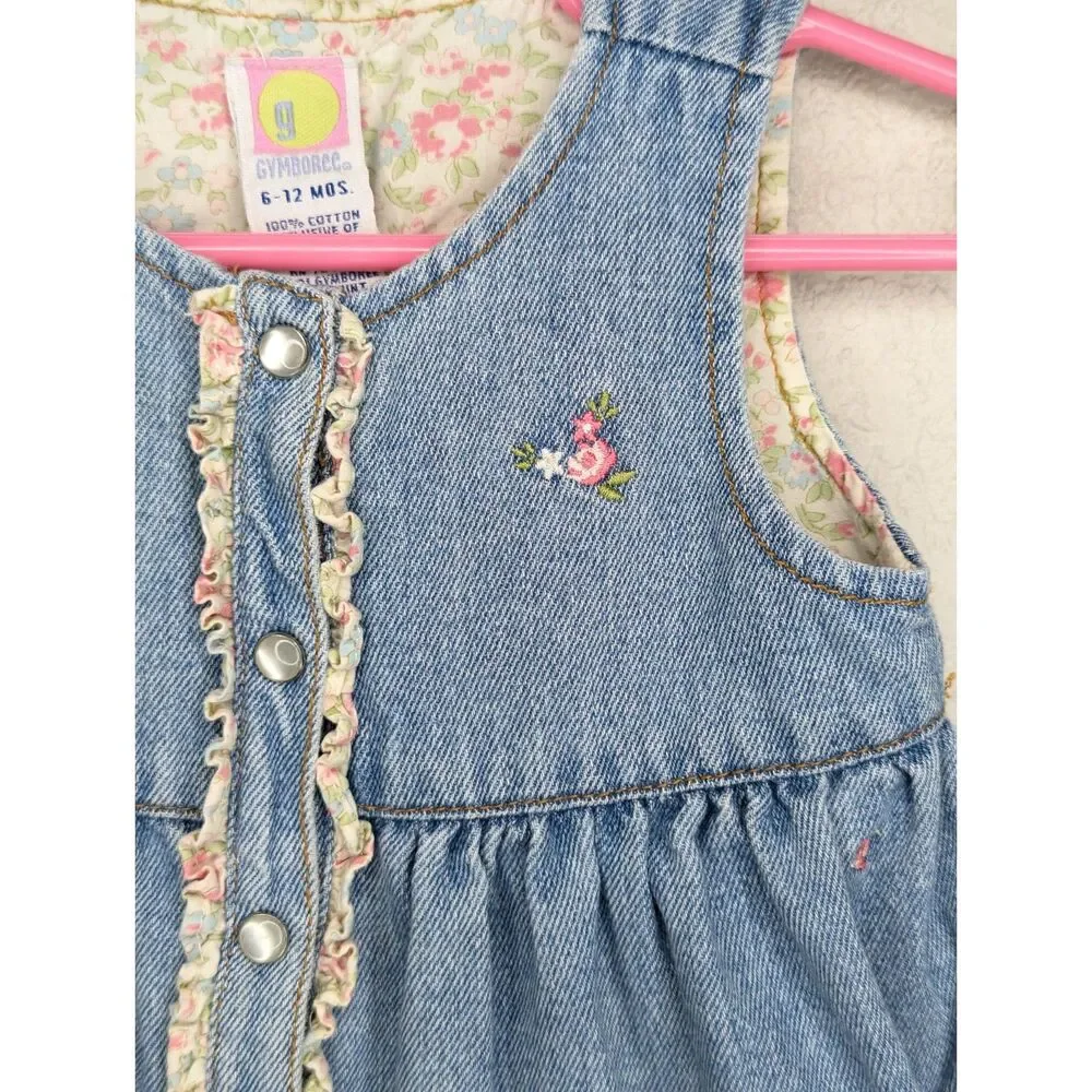Vintage Y2K 2001 Gymboree Denim Prairie Dress Size 6-12 Mos Floral Embroidery